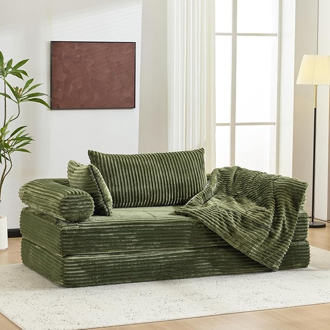 VINGLI Convertible Futon Sofa Bed, Upholstered Corduroy Boneless Couch King Size Floor Loveseat Sleeper Sofa with 2-in-1 Throw Pillow, Couches for Living Room, Bedroom, Lounge, Green