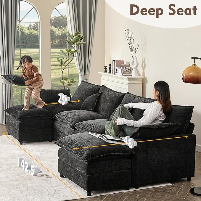 GOSUHI 142.5" U Shaped Couch, Modular Sectional Sofa, 3-Seater Comfy Cloud Couch with Movable Ottoman, Deep Seat Couches for Living Room, Chenille, Black
