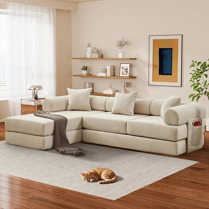 L Shaped Convertible Modular Sofa Bed with Cylindrical Pillow & Reversible Chaise, Corduroy Folding Floor Sofa Couch Bed with Fixed-Shape Frame & Storage Pocket for Living Room, Beige