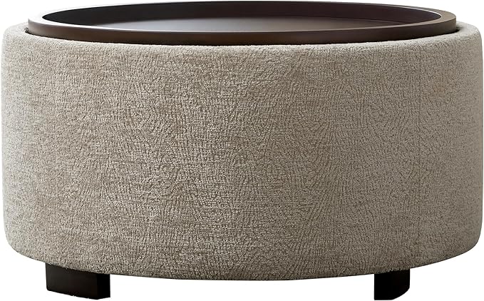 30 Inch Round Storage Ottoman, Ottoman Coffee Table with Lift Off Lid, Boucle Modern Ottomans with Storage for Living Room, Bedroom, Apartments (Light Brown Striped)