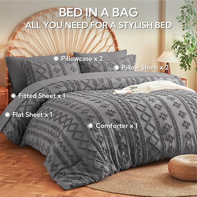 MR&HM Queen Comforter Set Dark Grey, 7 Pieces Tufted Boho Beddding Sets, Farmhouse Style Bed in a Bag with 1 Comforter, 2 Pillow Shams, 2 Pillowcases, 1 Flat Sheet, 1 Fitted Sheet for All Seasons