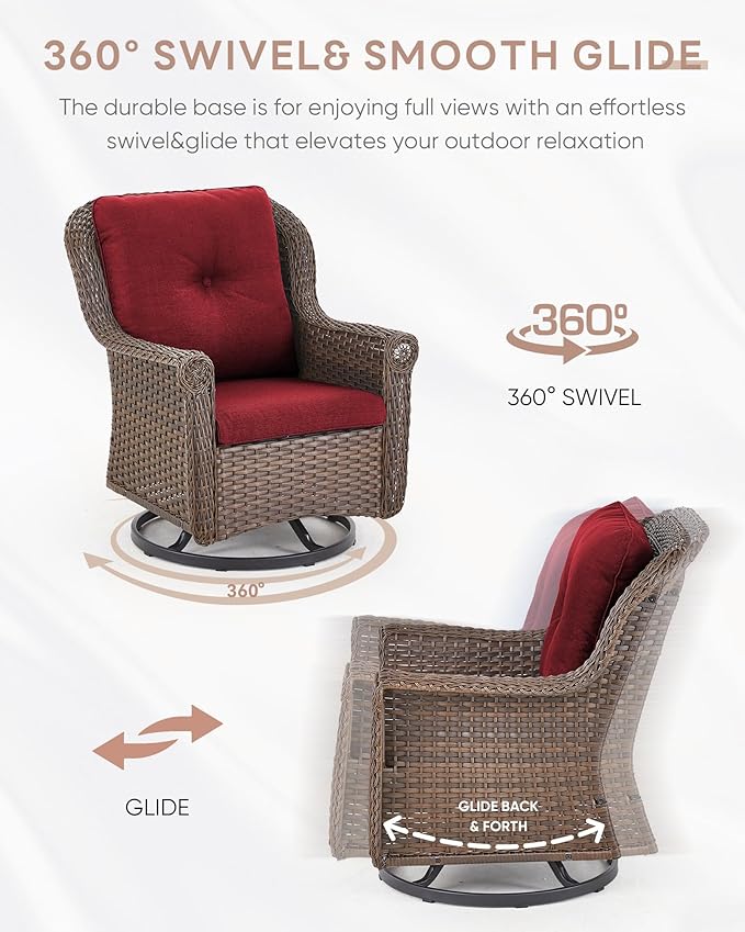 ACTREST 3 Piece Patio Swivel Chairs and Side Table Set - High Back Outdoor Brown Wicker Rattan Rocking Glider with Thick Cushions for Porch Apartment Deck Yard Poolside Garden - Red