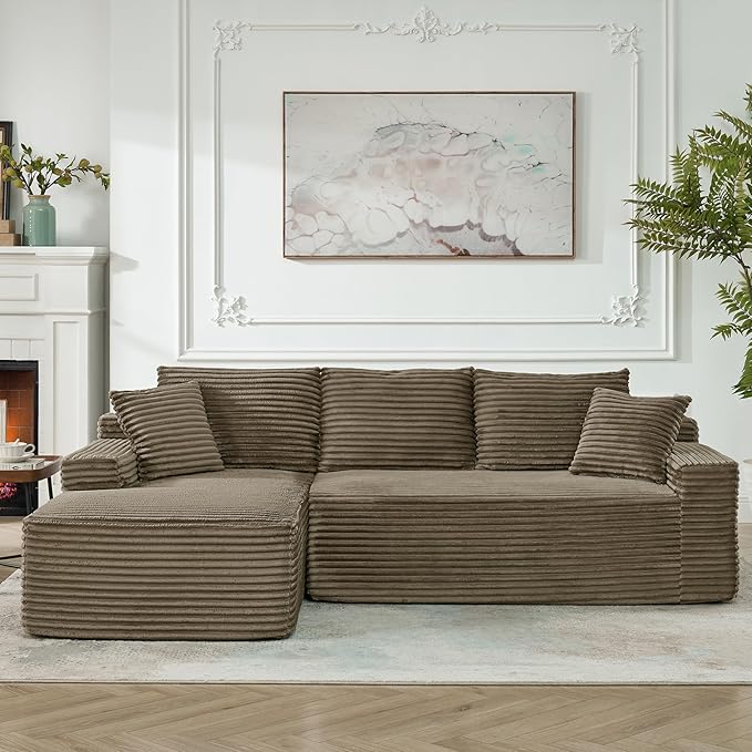 HYJT-H&K Modular Sectional Sofa Cloud Sectional Couch, 95" Comfy Fluffy L Shaped Brown Couches for Living Room, Deep Seat Memory Foam Plush Corduroy Boneless Couch Sectionals Left Facing Chaise Sofa