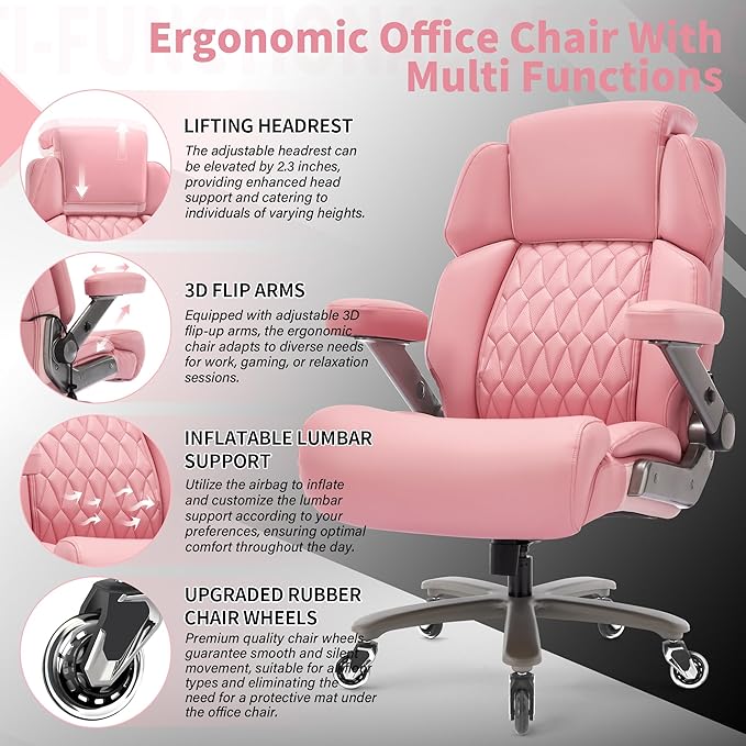 Big and Tall Office Chair 700lbs - Adjustable Headrest&Lumbar Support, 3D Flip Arms, Large Wheels &Heavy Duty Metal Base, Ergonomic High Back Computer Chair Desk Chair, Thick Padded Extra Wide Seat