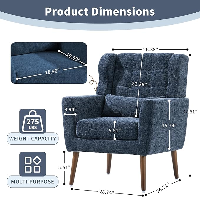 CHSICFOR Modern Accent Chair, Upholstered Arm Chair with Waist Pillow, Single Sofa Chair for Living Room Bedroom Small Spaces (Blue)