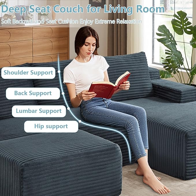 96" W Cloud Sectional Couch with Ottoman,Modern U-Shaped Cloud Couch with Side Pockets,Comfy Corduroy 3-Seater Sofa,Memory Foam Sofa for Living Room,No Assembly (Dark Grey,Right-Facing Chaise)
