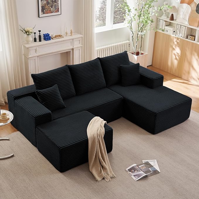 Lakifun 107" U-Shape Cloud Couch, Modern Modular Sectional Comfy L-Shape Sofa with Ottoman, Deep Seat, Upholstered Corduroy Sleeper Chaise Longue for Living Room Bedroom, No Assembly Required, Black