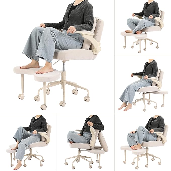 Pipersong Meditation Cross Legged Armchair, ADHD Chair with Adjustable Armrests, Criss Cross Desk Chair with Flexible Back Cushion, Swivel Footrest, Arm Support and Wheels for Home Office, Beige