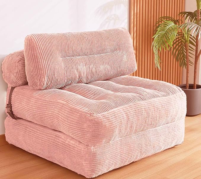 Kisoy Folding Sofa Bed, Convertible Sleeper Chair Couch Bed Faux Rabbit Fur for Adults, with Back Support Floor Couch Comfy Floor Sofa for Living Room Bedroom, Dusty Pink, Single