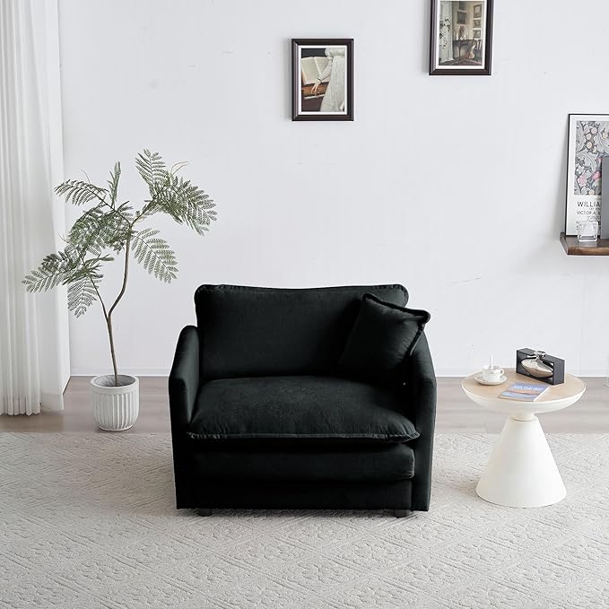 Aoowow Single Deep Seat Sofa Comfy Chenille Couch,Modern Upholstered Accent Armchair with Pillow for Living Room Bedroom Apartment(Black)