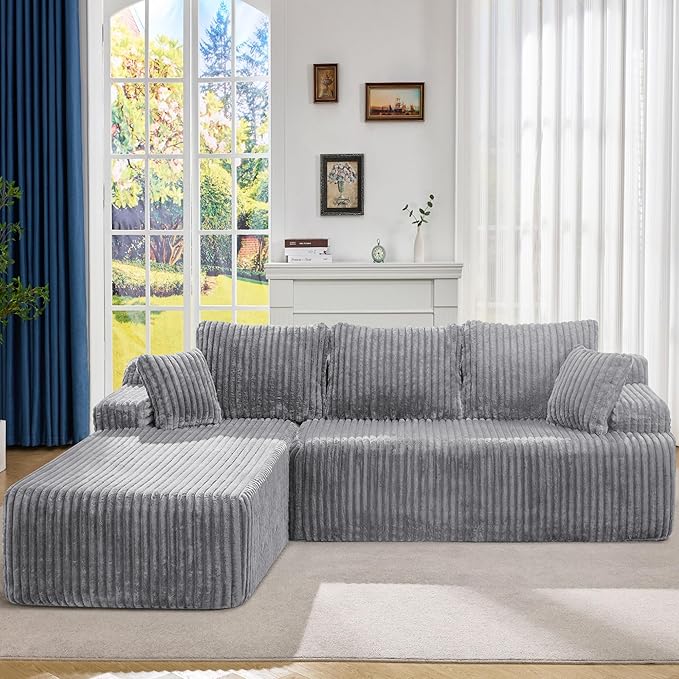 Modular Sectional Sofa Couches L-Shape Couch 3 Seat Modular Sofa Memory Foam Sectional Couches for Living Room, Cloud Couch with Oversized Chaise (Light Grey Stripe, 108" Left Facing Chaise)