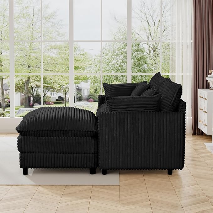 HYJT-H&K 74" L Shaped Cloud Couch Modular Small Sectional Couches for Living Room Small Spaces, Comfy Fluffy Corduroy Cloud Loveseat with Ottoman 3 Seat Sectionals Sofa, Black