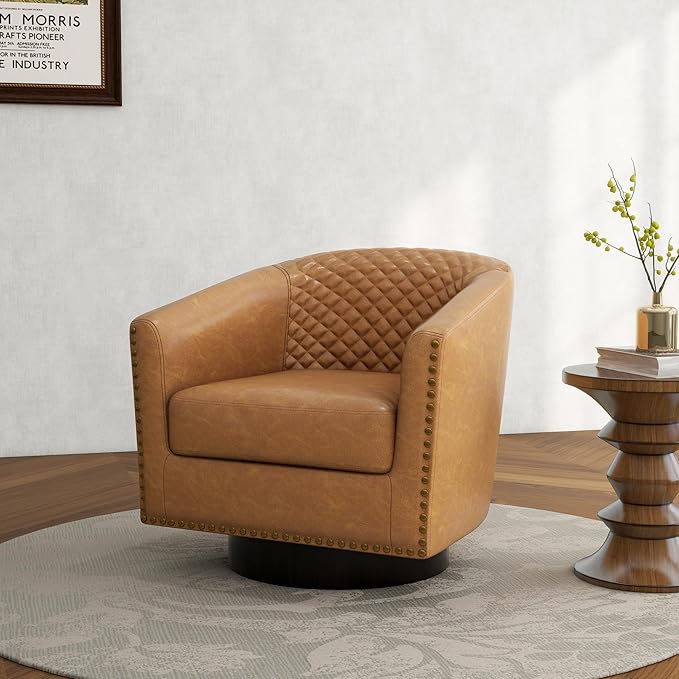 DREAMSIDEA Swivel Barrel Accent Chair, Comfy Modern Upholstered Round Faux Leather Arm Chair for Living Room, Bedroom（Coffee, Set of 1
