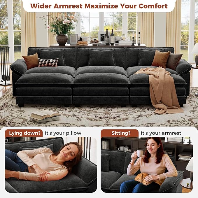 CDCASA 120" Oversized Modular Sectional Sofa Bed, Comfy Cloud Couch w/ 3 Movable Ottoman, 6-Seater Chenille Deep Seat Sofa Bed Modern Sofa Couch for Living Room, DIY Combination, Black
