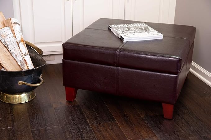 HomePop Faux Leather Square Storage Ottoman with Wood Legs, Distressed Brown