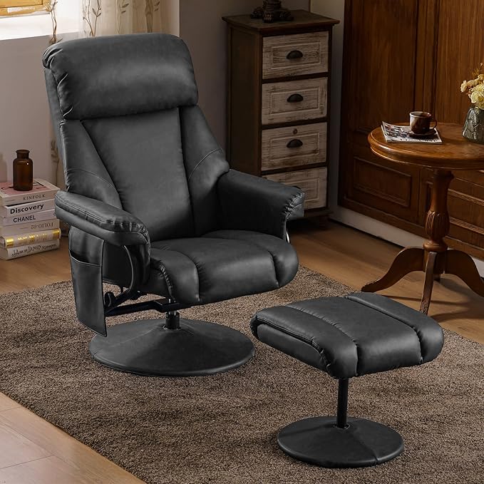 MCombo Swivel Recliner with Ottoman, TV Chair with Vibration Massage, Ideal for RV Small Space, Living Room & Bedroom 4539 (Faux Leather, Dark Grey)