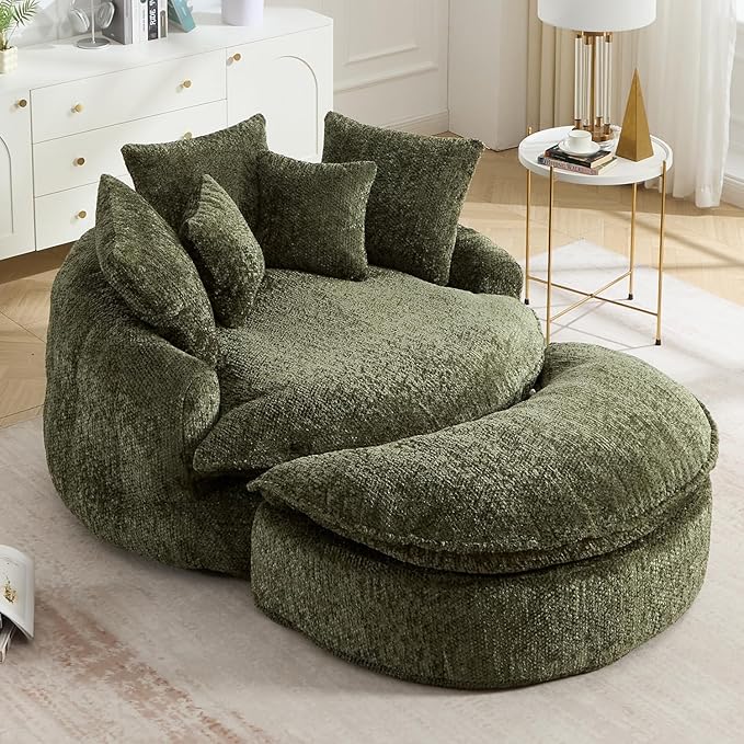 54" Oversized Round Chaise Lounge Indoor Boneless Bean Bag Chair with Movable Ottoman Fluffy Comfy Reading Chair Large Circle Cloud Couch Sleeper Sofa Bed for Living Room, Bedroom, Apartment, Green