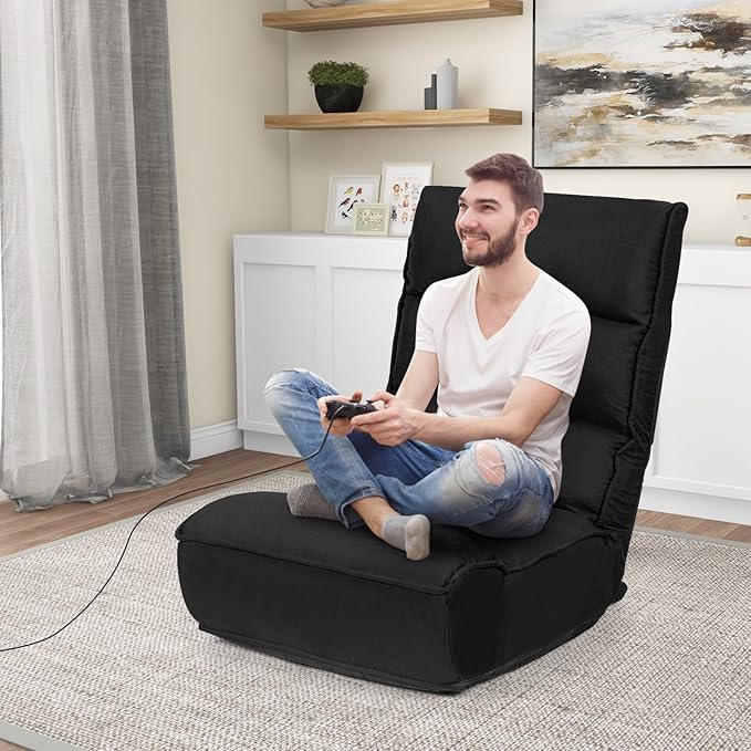 KOMFOTT Folding Floor Chair for Adults, Floor Gaming Chair with 5-Position Adjustable Headrest & 4-Position Adjustable Backrest, Side Pocket, Floor Seating Lazy Sofa for Reading, Meditating, Black