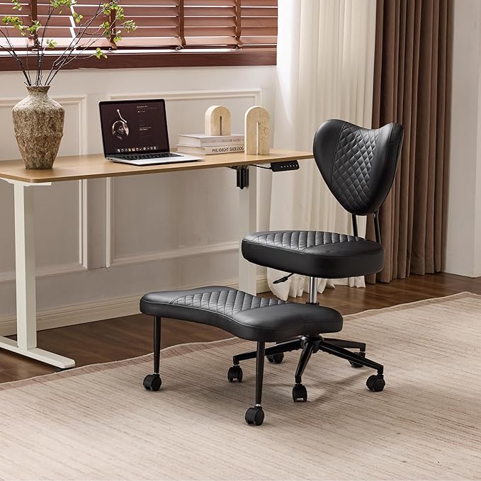 Meditation Chair with Lumbar Support, Ergonomic Floor Sitting Chair Adjustable Height, Cross Legged Chair for Office, Yoga & Mindfulness, Cushioned Seat with Wheels (Black)