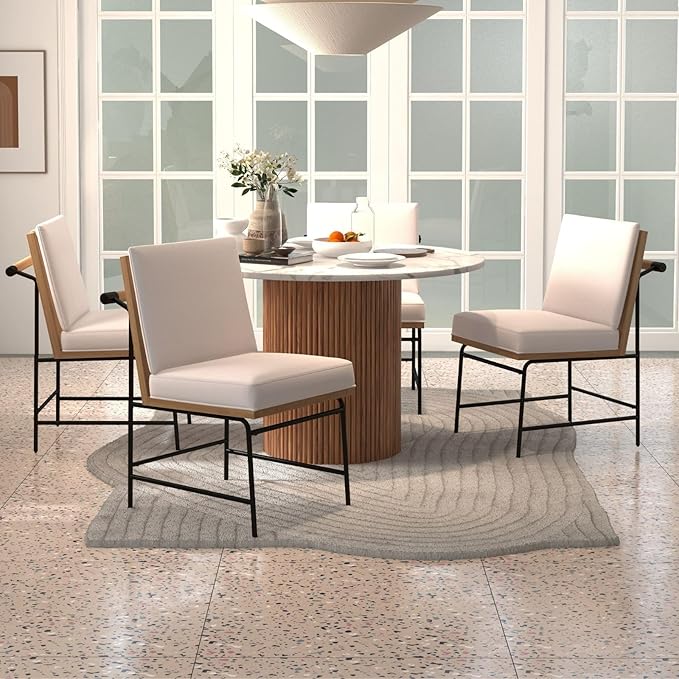 LukeAlon Linen Dining Chairs Set of 2, Upholstered Square Back Kitchen Chairs with Metal Legs Mid Century Armless Parsons Chairs with Wood Frame for Dining Room Reception Room, White