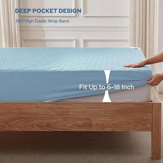 BEDLORE Waterproof Mattress Protector, Cal King Size Mattress Pad with Deep Pocket 6"-22" Depth, Soft Dirt-Proof Double Bed Mattress Cover for Bedroom, College Dorm, Hotel (Sky Blue)