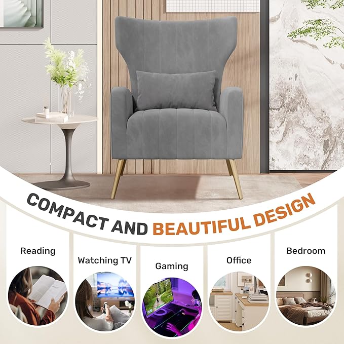Nalupatio Modern Accent Chairs for Set of 2 Upholstered Velvet Fabric Reading Chair Mid Century Arm Chair Comfy Armchair for Living Room,Grey