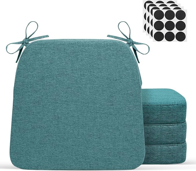 D-Shaped Indoor Chair Cushions 17" x 16" for Kitchen & Dining Chairs – 2'' Thick Seat Pads with Ties & Non-Slip Backing, High-Density Foam, Machine-Washable Covers, Set of 4 with Chair Leg Pads, Teal