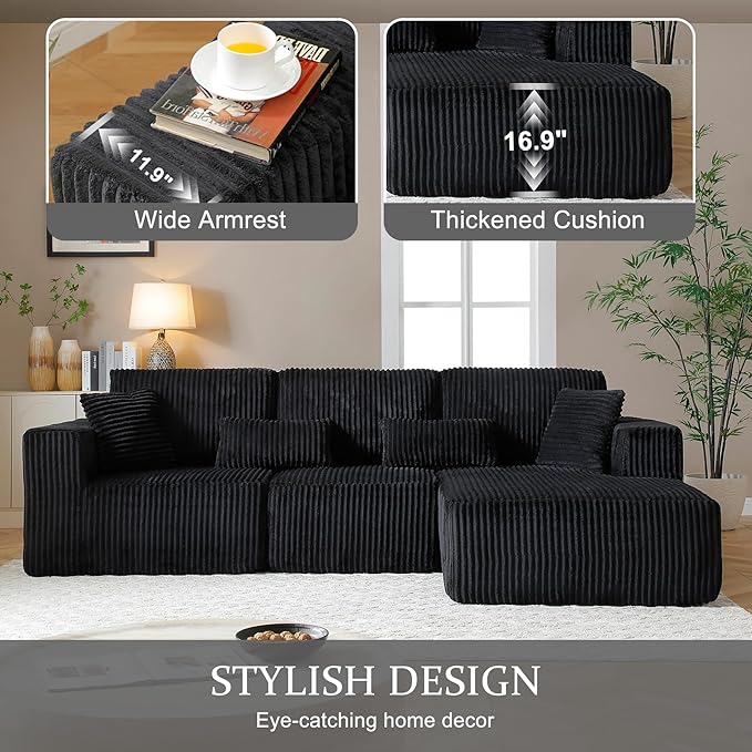 HYJT-H&K Modular Sectional Sofa Cloud Sectional Couch, 107" Comfy Fluffy L Shaped Dark Black Couches for Living Room, Deep Seat Memory Foam Plush Corduroy Boneless Couch Sectionals Right Facing Chaise