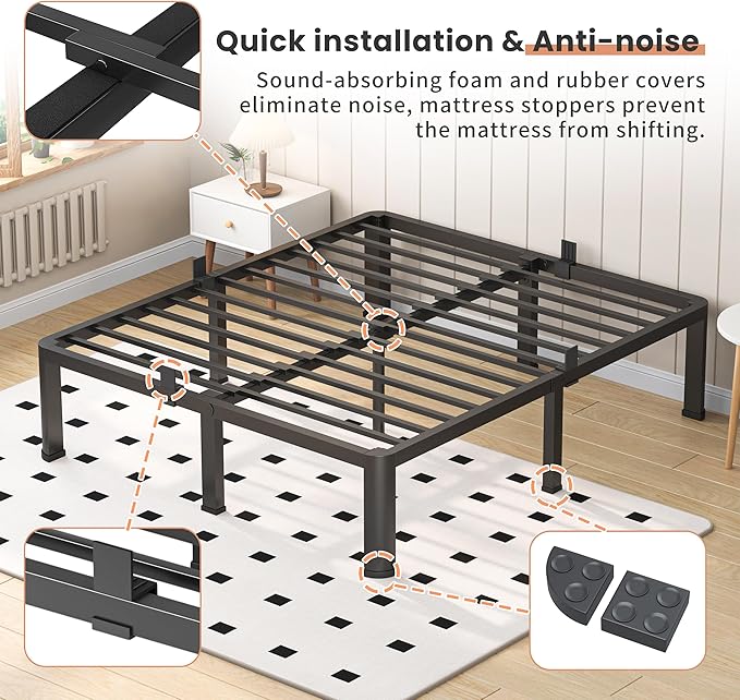 VIPSHOW 18 Inch Full Heavy Duty 3500 lbs Bed Frame with Round-Corner Legs & Anti-Squeak Design – Quick Assembly Metal Platform, No Box Spring Needed
