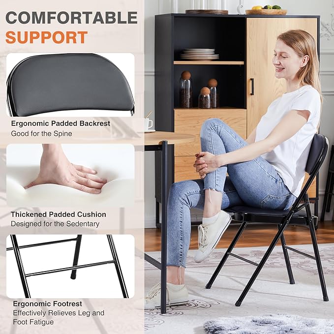 Sweetcrispy Folding Chair 6 Pack, Leather Padded Folding Chairs, Sturdy Metal Foldable Chairs, Easy to Use and Store, Outdoor and Indoor, for Home, Office, Party, Comfy