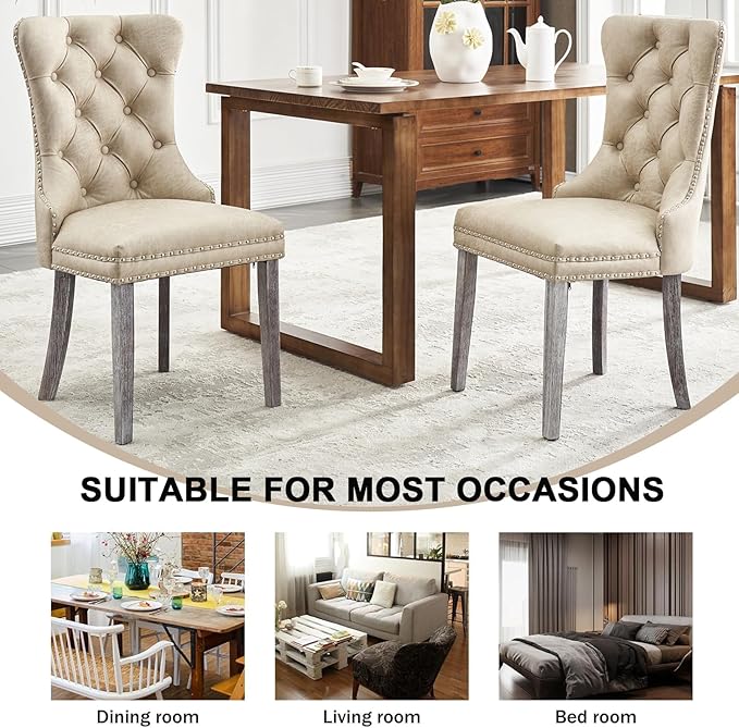 Kiztir Leather Dining Chairs Set of 2, Upholstered Dining Chair with Nailhead Trim and Solid Wood Legs, Luxury Wingback Dining Side Chair for Living Room, Bedroom, Kitchen (Beige)