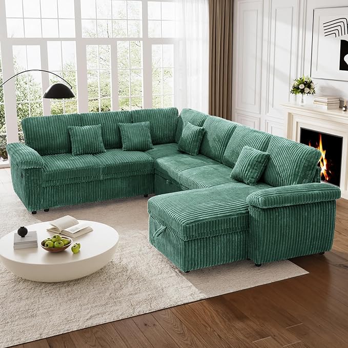 Modular Sectional Sleeper Sofa with Pull Out Bed, Storage Chaise & USB Charging, U Shaped Plush Corduroy Sectional Couches for Living Room, Comfy Convertible 7 Seat Cloud Sofa Bed Emerald Green