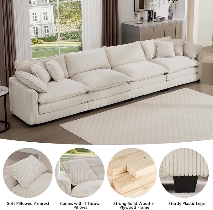 Aoowow Corduroy 4 Seater Sofa Couch,Modern Large Cloud Couches for Living Room,Tufted Modular Sectional Cloud Sofas with Deep Seat,Oversized 4 Seat Sofa Set (Beige, 4 Seater)