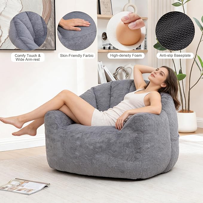 Bean Bag Chair, Bean Bag Couch for Adults and Kids, Comfy Shell-Shaped Chair with Filler Armrests Stuffed High-Density Foam Stuffed Sofa Lounge Floor Sofa for Bedroom,Gaming, Reading,Gray