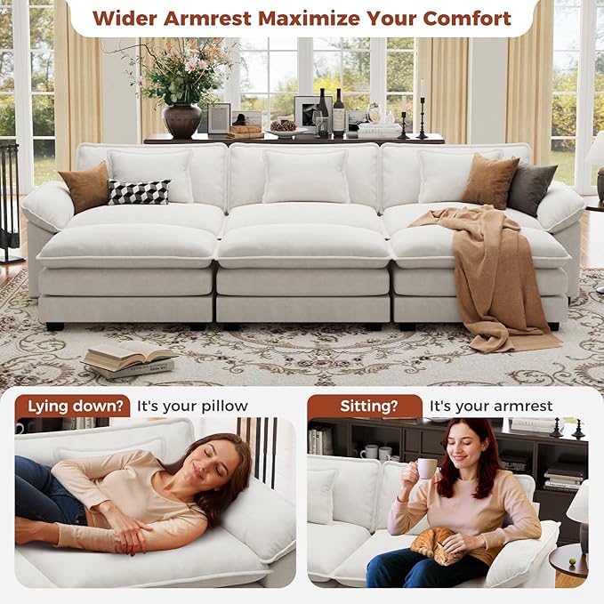 CDCASA 120" Oversized Modular Sectional Sofa Bed, Comfy Cloud Couch w/ 3 Movable Ottoman, 6-Seater Velvet Deep Seat Sofa Bed Modern Sofa Couch for Living Room, DIY Combination, Beige