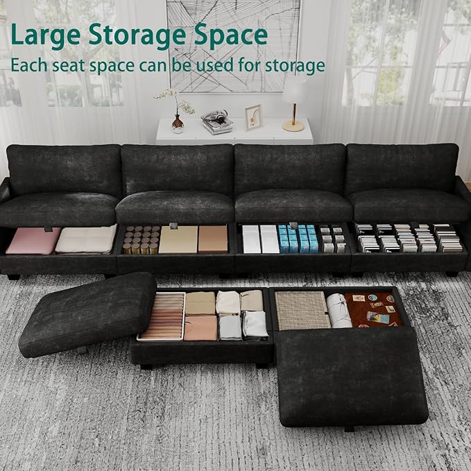 Modular Sectional U Shaped Sofa Couches for Living Room, Cloud Couch with Storage Ottoman, Comfy Chenille Sofa with Pillow, Black
