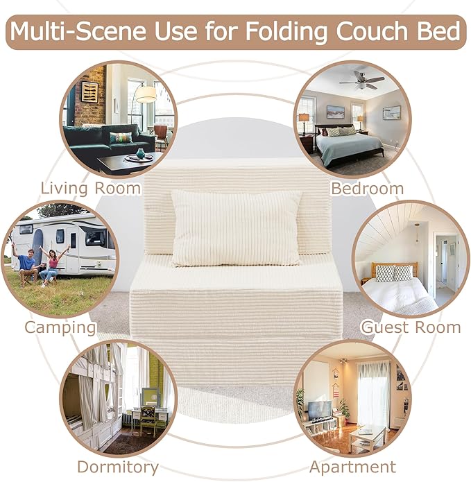 HILERO Folding Sofa Bed, 4 in 1 Convertible Sleeper Chair with Pillow, Single Memory Foam Fold Out Chair Bed, Modern Floor Futon Sofa Couch Mattress for Living Room/Guest/Apartment,Beige