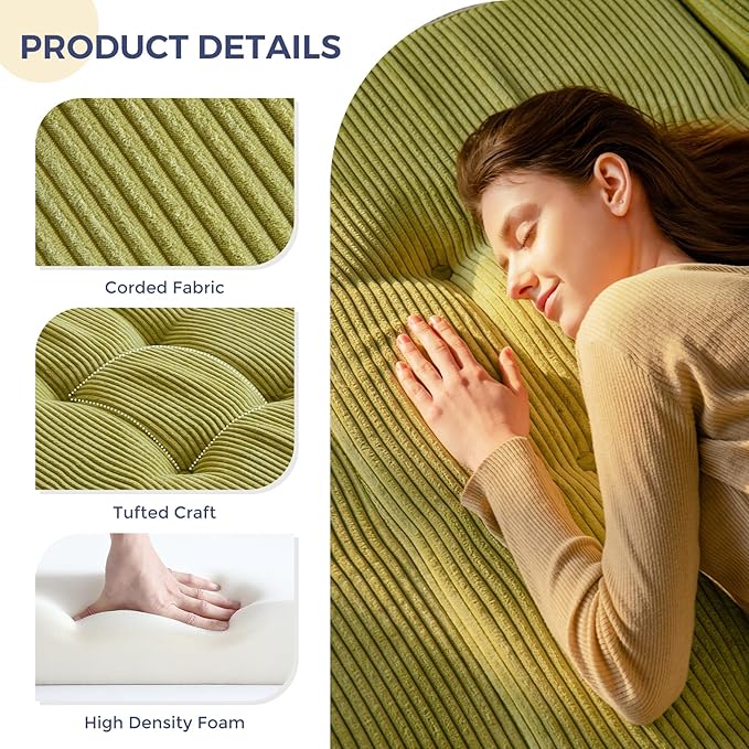 MAXYOYO Tri-Fold Mattress, 6 Inch Tufted Folding Mattress Full Foam Bed, Foldable Floor Couch Guest Bed Topper Portable Camping Sleeper with Corded Fabric, Green, 53"x75"