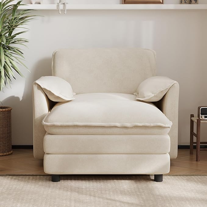 DAMAIFROM Oversized Chaise Lounge Chair Indoor with Ottoman, Firm Solid Wood Frame with Long Service Life Chenille Oversized Lounge Reading Chair for Study Room - Beige White