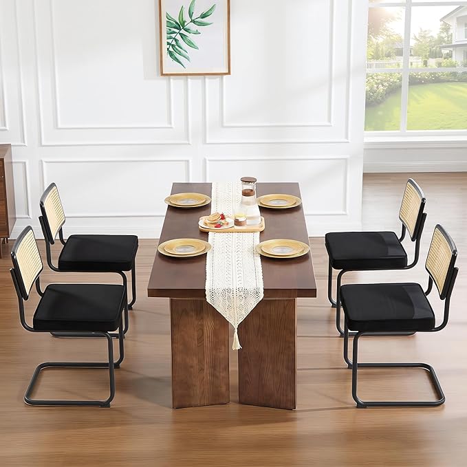 Zesthouse Rattan Dining Chairs Set of 6, Mid Century Modern Dining Room Chairs with Natural Cane Mesh & Black Base, Black Cesca Chair Velvet Fabric, Farmhouse Kitchen Chair with Solid Wood Frame Back