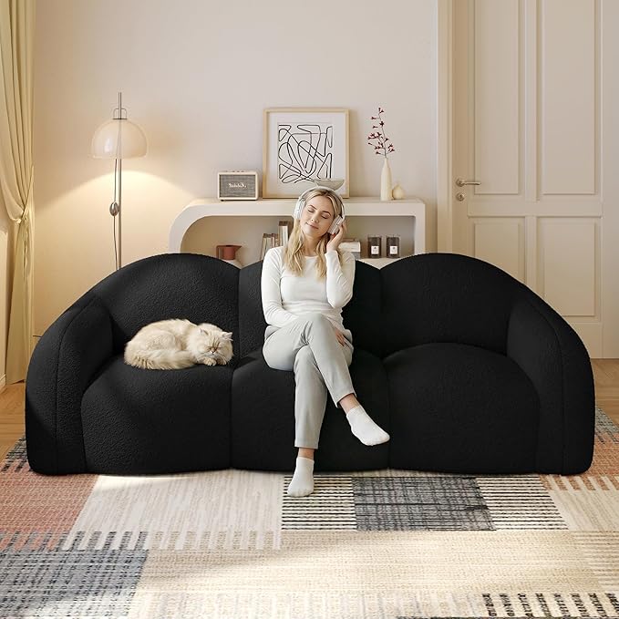 WJShome 90" Modern Curved Cloud Shaped Couches for Living Room, Bean Bag Chair Lazy Floor Couch, Cozy Leisure Boneless 3 Seater Sofa for Bedroom, Apartment-No Assembly Required (Black)