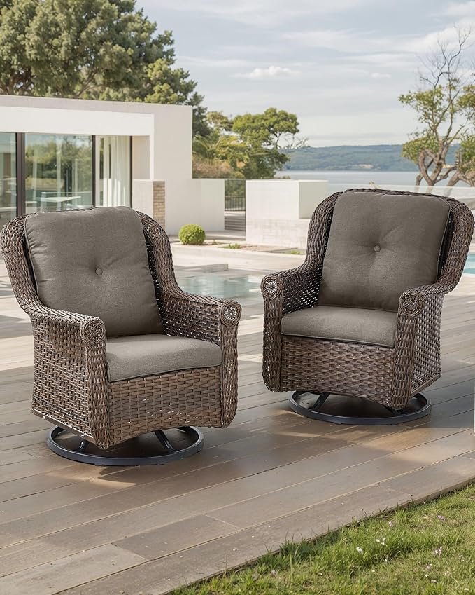 ACTREST Patio Chairs Outdoor Swivel Glider - Set of 2 High Back Outside Brown Wicker Rattan Rocking Chair with Zippered Cushion for Porch Apartment Deck Yard Poolside Garden - Grey