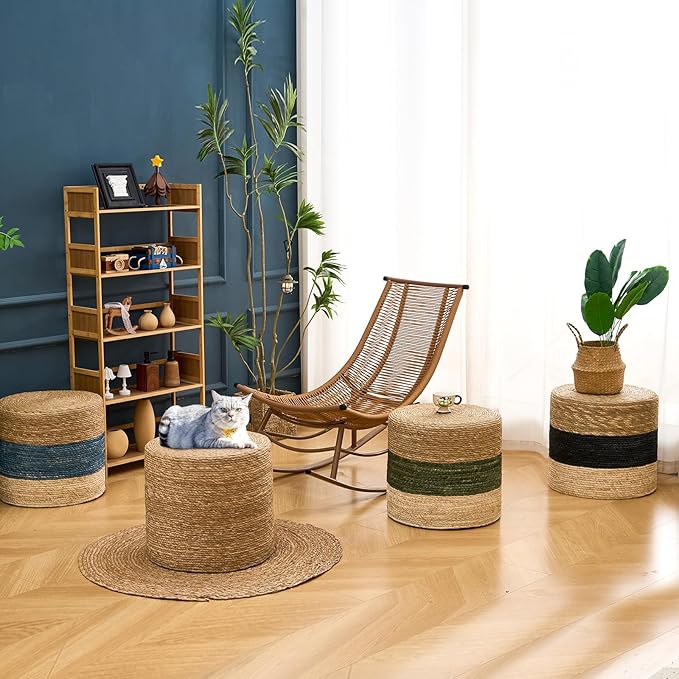 Wimarsbon 18'' Ottoman Pouf, Natural Braided Poof, Rustic Handweave Lounge Pouffe, Boho Footrest Stool for Bedroom, Accent Table for Living Room (18inch Natural Cattail)