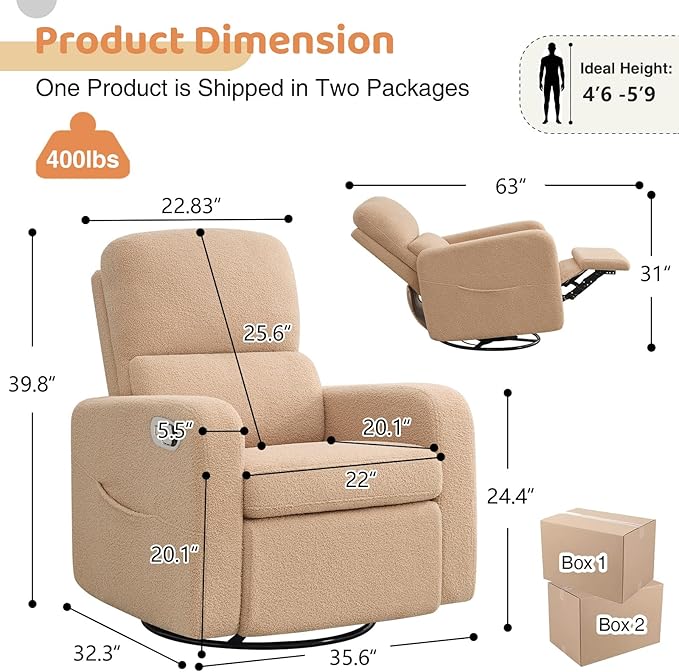 AEMEIOS Swivel Rocker Recliner, Oversized Manual Boucle Nursery Glider Rocking Recliner Chair with Removable Cushion, Upholstered Swivel Reclining Chair for Nursery Living Room Bedroom,Teddy Camel