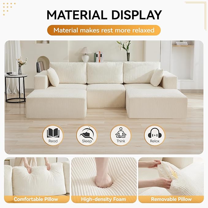 115'' U Shaped Boneless Sofa Couch, 3 Seater Modular Sectional Sofa with 2 Moveable Ottoman, Corduroy Convertible Sleeper Couch with Chaise for Living Room, Beige