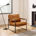 Zouron Mid Century Modern Accent Chair with Black Metal Frame, Upholstered Living Room Chairs with Pillow, Reading Armchair for Bedroom, Office, 1 Pcs, Brown PU
