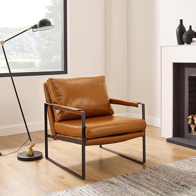 Zouron Mid Century Modern Accent Chair with Black Metal Frame, Upholstered Living Room Chairs with Pillow, Reading Armchair for Bedroom, Office, 1 Pcs, Brown PU
