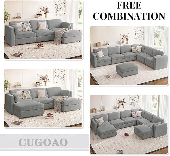 CUGOAO 188.7'' Modular Sectional Sofa, Oversized U-Shaped Sectional Couch with Ottoman, Deep Seat Chenille Cloud Couch, Mordern Upholstered Couches for Living Room, Apartment, Office, Grey