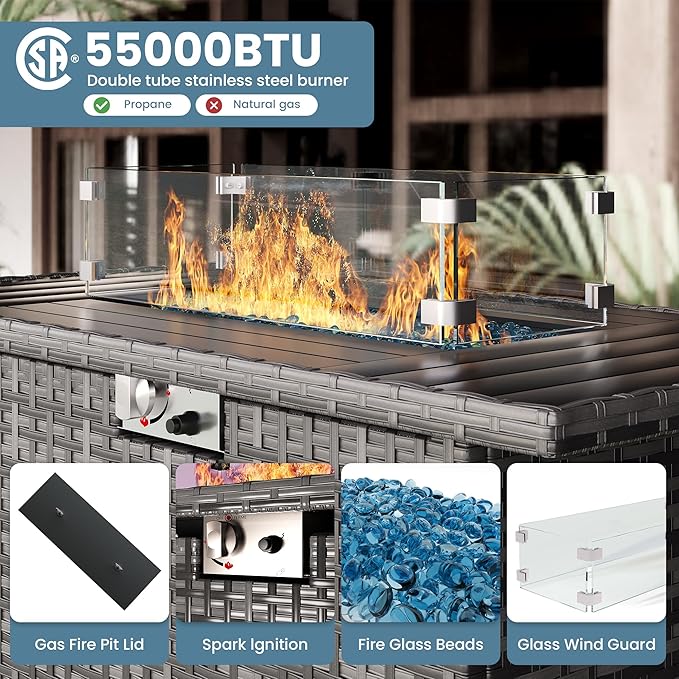 7 Piece Patio Furniture Set with Fire Pit Table, Outdoor Conversation Sets Wicker Rattan Sectional Sofa with Coffee Table, 4'' Thickened Cushion Dark Grey (Include Waterproof Cover)