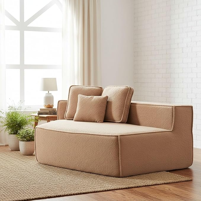 EPOFIT 1-Seater Teddy Fleece Modular Sofa Chair, Low-Profile Floor Seat with Wide Cushion and All-Foam Support, Left-Facing Design, Compressed Packaging – Brown